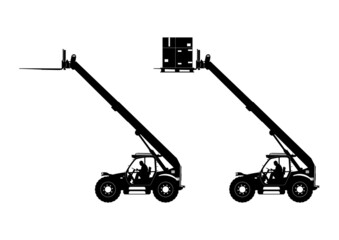 Silhouette of telehandler. Side view of telescopic handler with driver and load. Vector. - 495780269
