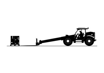 Fototapeta na wymiar Silhouette of telehandler. Side view of telescopic handler with driver and load. Vector.