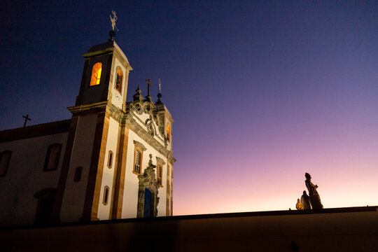 Church of the sanctuary of Bom Jesus of Matosinhos at Congonhas, Minas Gerais, Brazil and Statues of the prophets sculpted by Aleijadinho