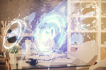 Double exposure of crypto technology theme drawing and office interior background. Concept of blockchain.