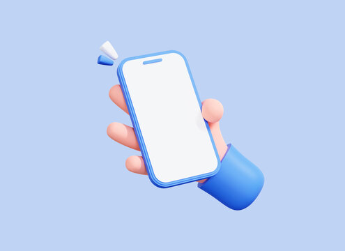 3D Hand holding mobile phone with empty screen. Cartoon smartphone isolated on blue background. Phone device Mockup. Marketing time banner template. 3D Rendering