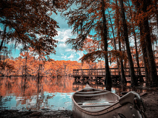 Wooden boat on the shore of the Caddo lake in fall