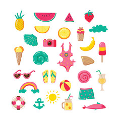 Set of cute summer icons isolated on white backgroun. Tropical holidays. Summer beach. Vector illustration.