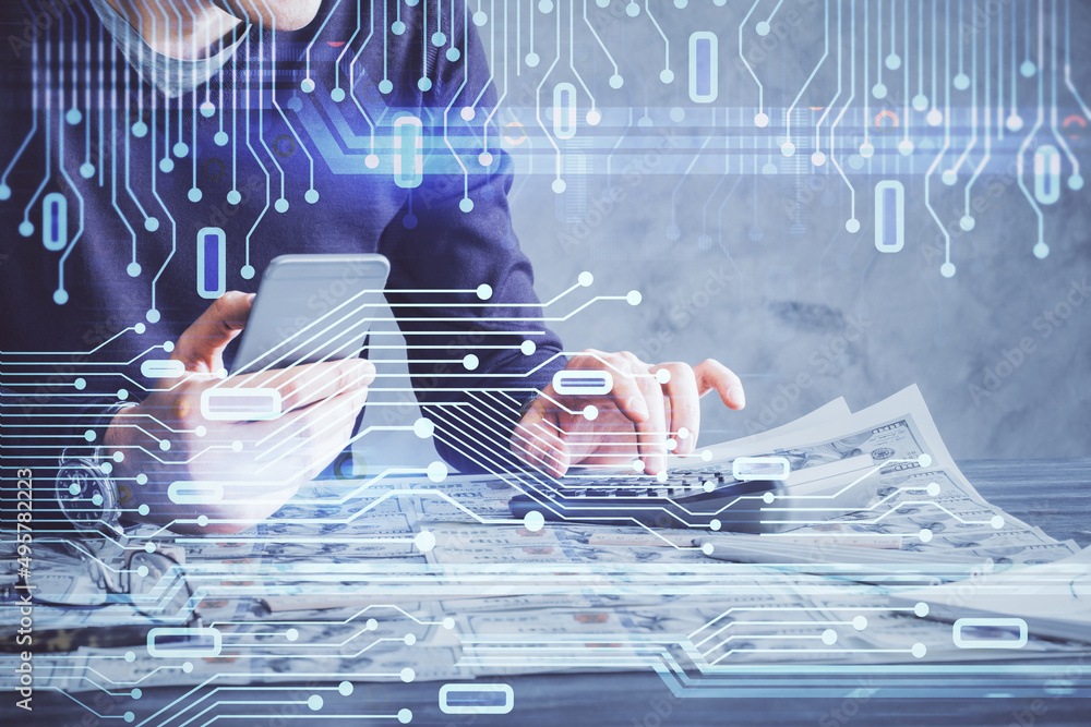 Poster Double exposure of man's hand holding and using a digital device and data theme drawing. Technology concept.