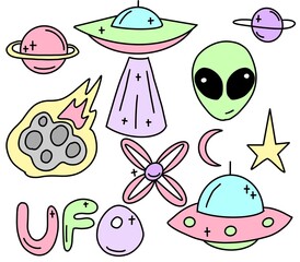  Collection of ufo, aliens and space objects drawn in flat style. High quality illustration.