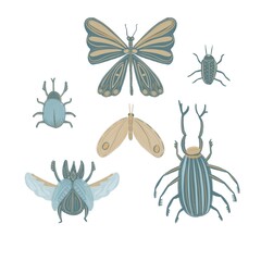 Collection of hand drawn stylized magic bugs and butterflies in boho style. Collection of flying mythical insects scarab, stag beetle. Celestial beetle with skull death.