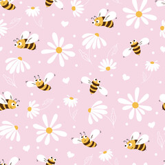 Daisy and bee seamless pattern. Flowers, petals and cartoon bees on a pink background. Vector.