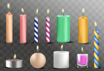Realistic 3D Candle Icon Set On Gray Transparency Grid Background. Vector Set Of Burning Candles. Vector Realistic Burning Candle Icon Set