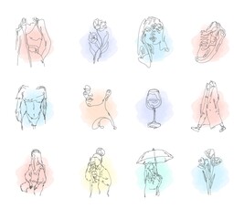 Women's faces in one line art style with flowers and leaves. Watercolor pink spots on the background. Hand drawn illustration.