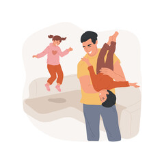 Playing with kids isolated cartoon vector illustration. Toddler sitting on mother shoulders, father holding kid upside down, family having fun, parents playing with kids vector cartoon.