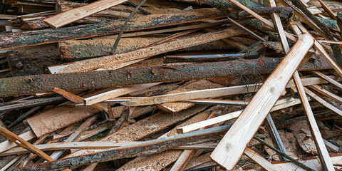 Wooden debris planks and boards located in pile at lumber mill close view. Woodworking industry concept.