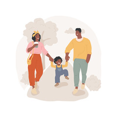 Weekend with kids isolated cartoon vector illustration. Family walking in the park, parents hold child hands, lifting him up, spending weekend with kids, leisure time outdoors vector cartoon.