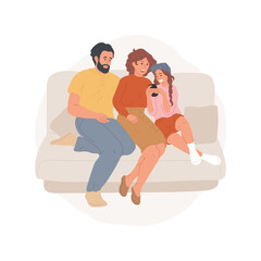 Family leisure time isolated cartoon vector illustration. Happy family sitting on a sofa, teen showing smartphone screen, parents laughing, spending leisure time together vector cartoon.