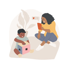 Happy with likes isolated cartoon vector illustration. Woman smiling looking at many likes in smartphone, happy with follower reaction, kid playing alone, social media addiction vector cartoon.