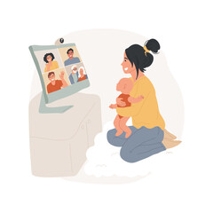 Showing newborn isolated cartoon vector illustration. Mother holding newborn baby having video chat with relatives, happy parents showing infant on camera, online communication vector cartoon.