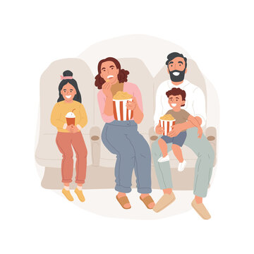 Cinema isolated cartoon vector illustration. Family social life, going out with friends, meeting in the cinema, kids with parents watching movie, eating popcorn, leisure time vector cartoon.