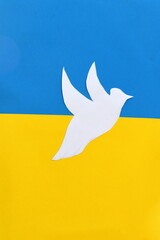 Weiße Taube auf einem Schild mit der Ukrainischen Flagge