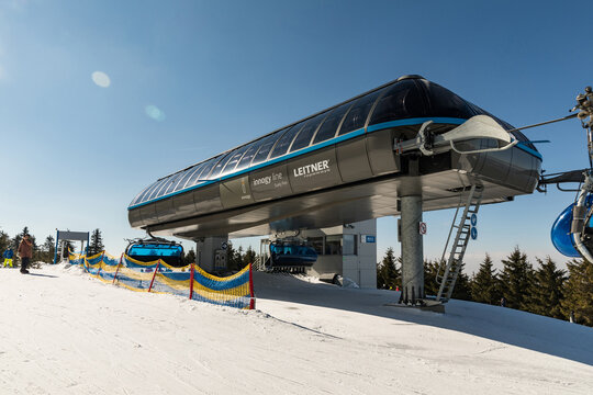 SPINDLERUV MLYN, CZECH REPUBLIC - 10 March. 2022: Plane, the top station of the cable car. Hromovka in mountain Krkonose, the most popular Czech ski resort Spindleruv Mlyn. Czech Republic