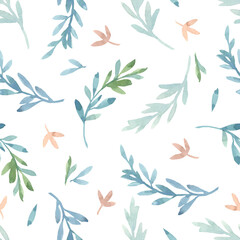 Seamless pattern on a white background of plant elements: stylized green and blue leaves and pink flowers. Painted in watercolor. For textiles, wallpaper, wrapping paper, nursery decoration, packaging