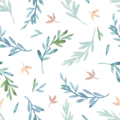 Wallpaper murals Pastel Seamless pattern on a white background of plant elements: stylized green and blue leaves and pink flowers. Painted in watercolor. For textiles, wallpaper, wrapping paper, nursery decoration, packaging