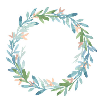 Round wreath of stylized green and blue leaves and pink flowers. Painted in watercolor on a white background. For wedding invitations, holiday cards, packaging, covers, scrapbooking. © Irina