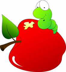 funny worm sits on a ripe red apple and smiles