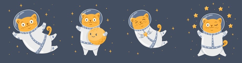 Vector set for print for children's clothing. Cute astronaut cats, moon, stars. Cat in a suit.