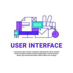Lineart flat UI/UX Interface design website image illustration. User experience, design and testing of applications and software. Laptop, compucter, phone