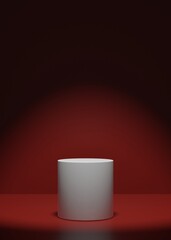 Minimal white podium or pedestal display on dark red background with round platform. Blank product standing backdrop. 3D rendering.