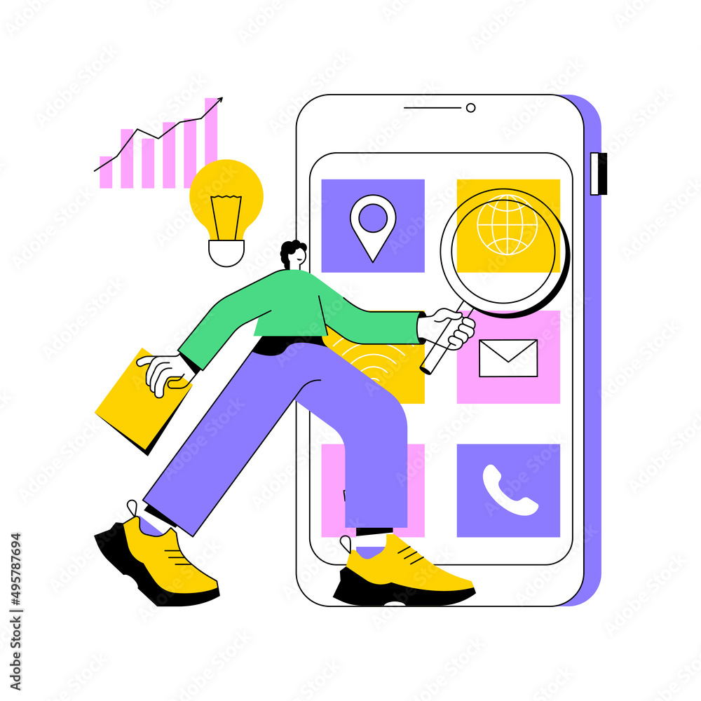 Poster mobile media optimization abstract concept vector illustration. mobile commerce optimization, seo st