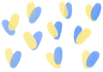 Abstract background with yellow and blue hearts. Colors of Ukrainian national flag. The emblem of freedom and independence. Stop war in Ukraine. Hand drawn illustration isolated on a white background.