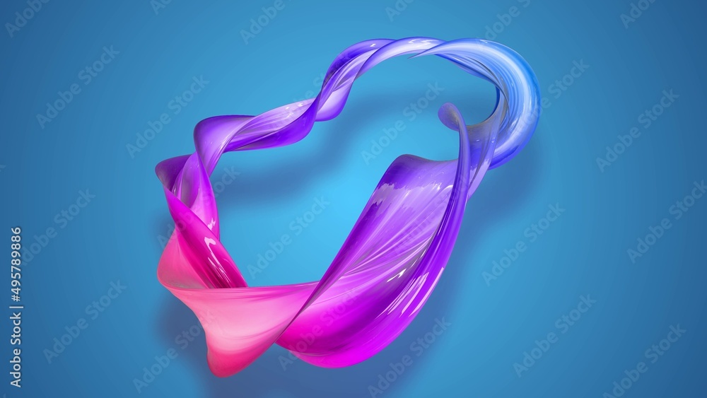 Poster 3d render. twisted ribbon of gradient red blue violet color move around on a blue background. abstra