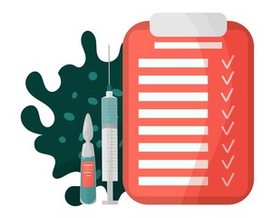 Vector items for vaccination against covid-19, coronavirus vaccines, vaccine development. Syringe, injection, medications, vitamins, list of tasks and fulfillment. Use advertising, banner, poster.