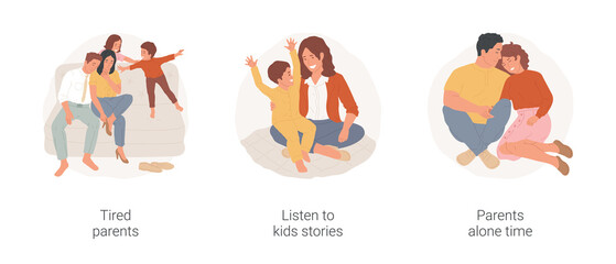 Parents after work isolated cartoon vector illustration set. Tired parents after working day, listen to kids stories, mom and dad leisure time alone, coupe sitting together at home vector cartoon.