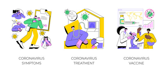 Covid19 pandemic abstract concept vector illustration set. Coronavirus symptoms, treatment and vaccine, intensive therapy, wearing a mask, lung ventilation, fever and cough abstract metaphor.