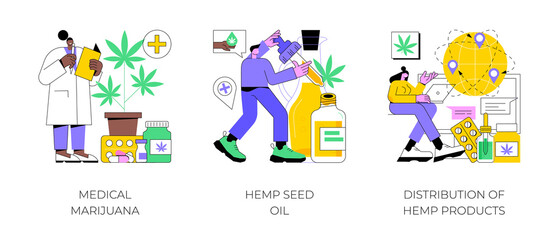 Medical cannabis abstract concept vector illustration set. Medical marijuana, hemp seed oil, hemp products distribution, cancer pain and inflammation relief, sativa plant pharmacy abstract metaphor.