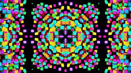 Geometric abstract background. Abstract symmetrical composition, multicolored 3d elements. 3d render abstract kaleidoscope with 3d simple objects. Motion design style