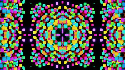 Geometric abstract background. Abstract symmetrical composition, multicolored 3d elements. 3d render abstract kaleidoscope with 3d simple objects. Motion design style