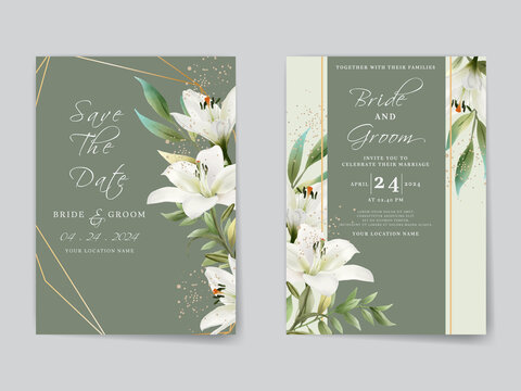 Elegant wedding invitations card with white lily watercolor design