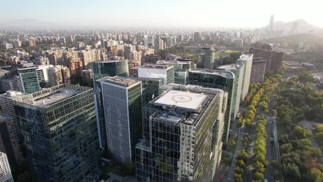 Aerial View of La Nueva Las Condes Financial District and Andes Mountains, Santiago, Chile 