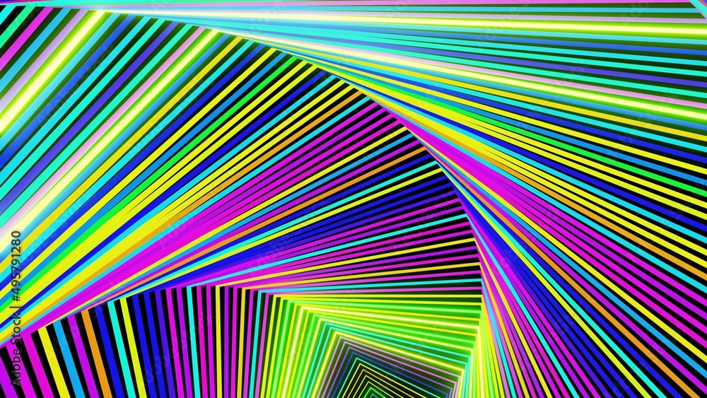 Poster 3d render. abstract geometric bg with rings form complex twisted spiral and light effects. rings fla