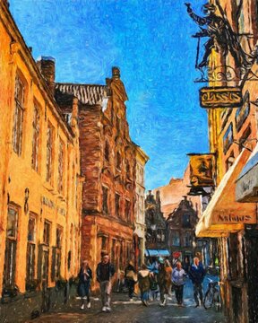 Colorful painting modern artistic artwork, real brush strokes, drawing in oil European famous old street view, beautiful old vintage houses, design print for canvas or paper poster, touristic product