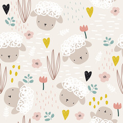 Seamless pattern with cute sheep and floral elements. Childish print. Vector hand drawn illustration. - 495791490
