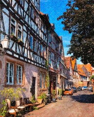 Fototapeta premium Colorful painting modern artistic artwork, real brush strokes, drawing in oil European famous old street view, beautiful old vintage houses, design print for canvas or paper poster, touristic product