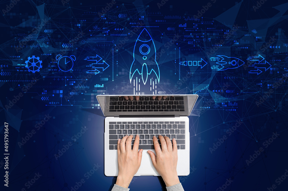 Sticker rapid growth concept with person using a laptop computer