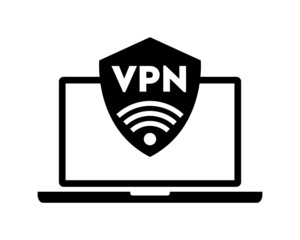 VPN black vector icon. VPN shield on laptop.