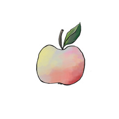 Pink-yellow apple with a green leaf with a black stroke on a white background