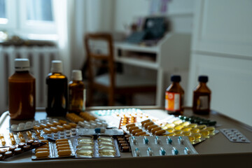 Pharmaceuticals antibiotics pills medicine in the home space with copy space