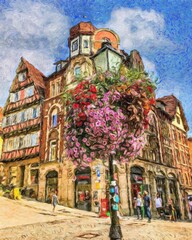 Naklejka premium Colorful painting modern artistic artwork, real brush strokes, drawing in oil European famous old street view, beautiful old vintage houses, design print for canvas or paper poster, touristic product