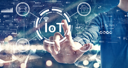 IoT theme with a man on blurred city background